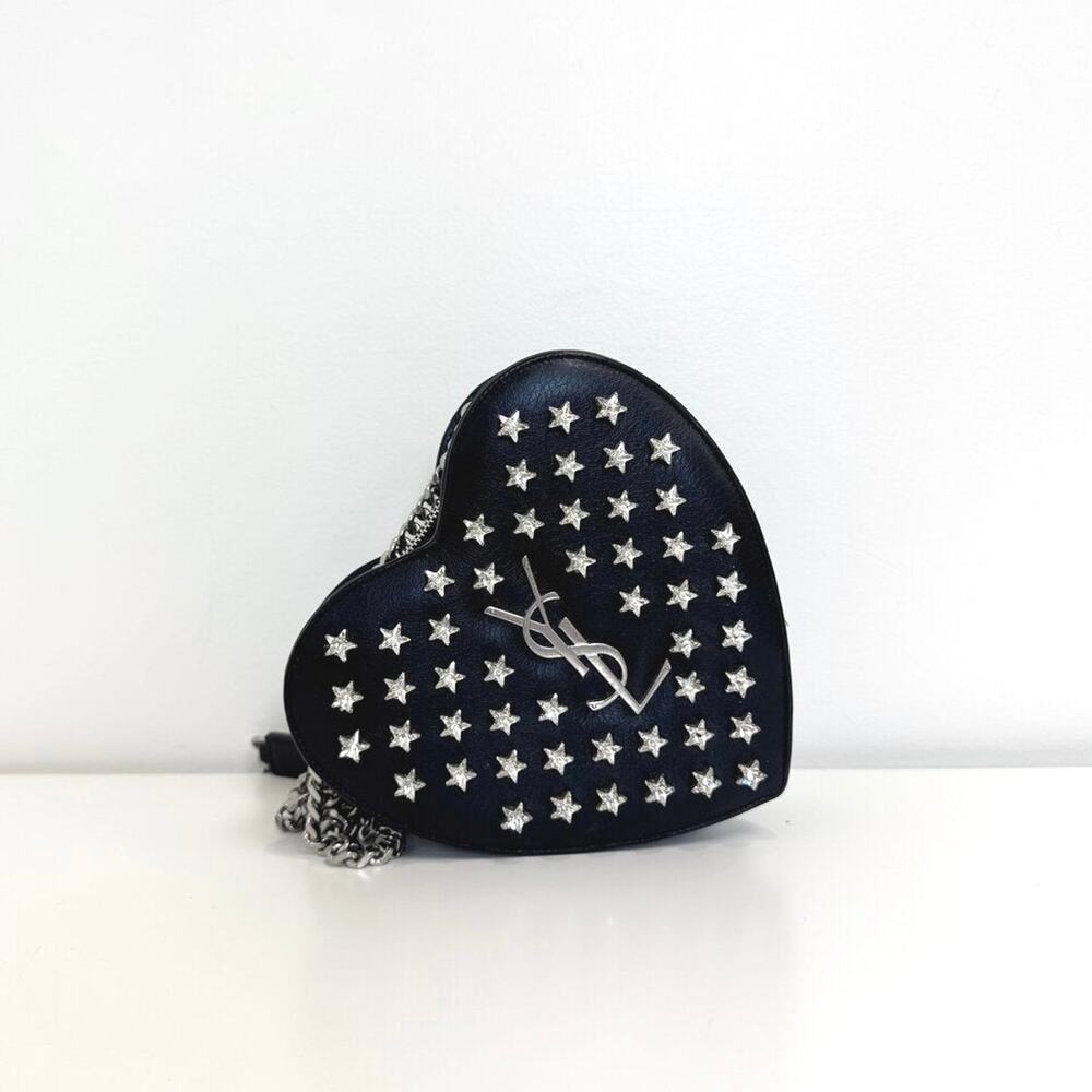 SAINT LAURENT Heart Crystal Black Leather Crossbody Bag Silver YSL Logo Handbag